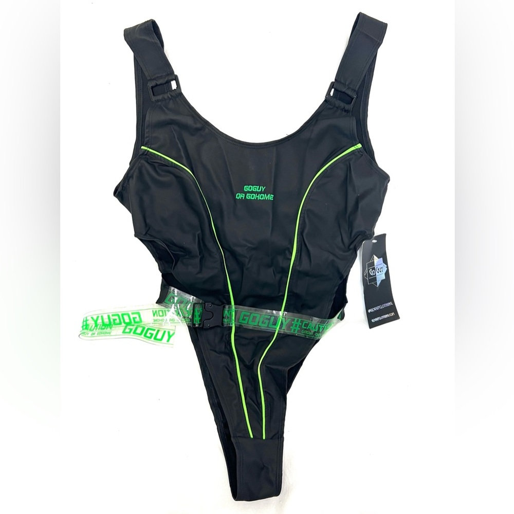 GOGUY black and neon green belted super high waisted bodysuit or swimsuit